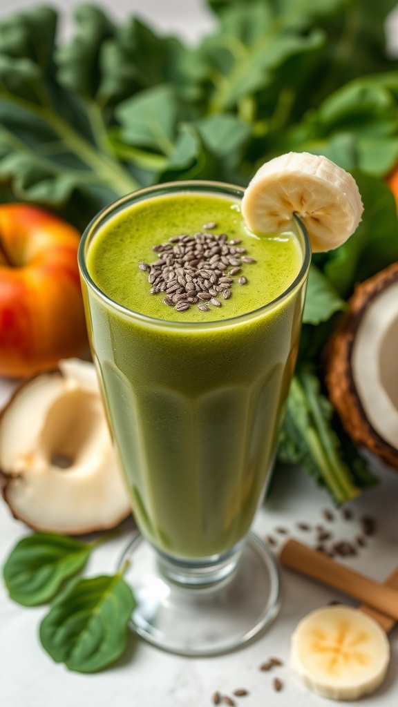 Green Detox Smoothie Recipe A refreshing green detox smoothie in a glass, topped with chia seeds and banana, surrounded by fresh greens and an apple.